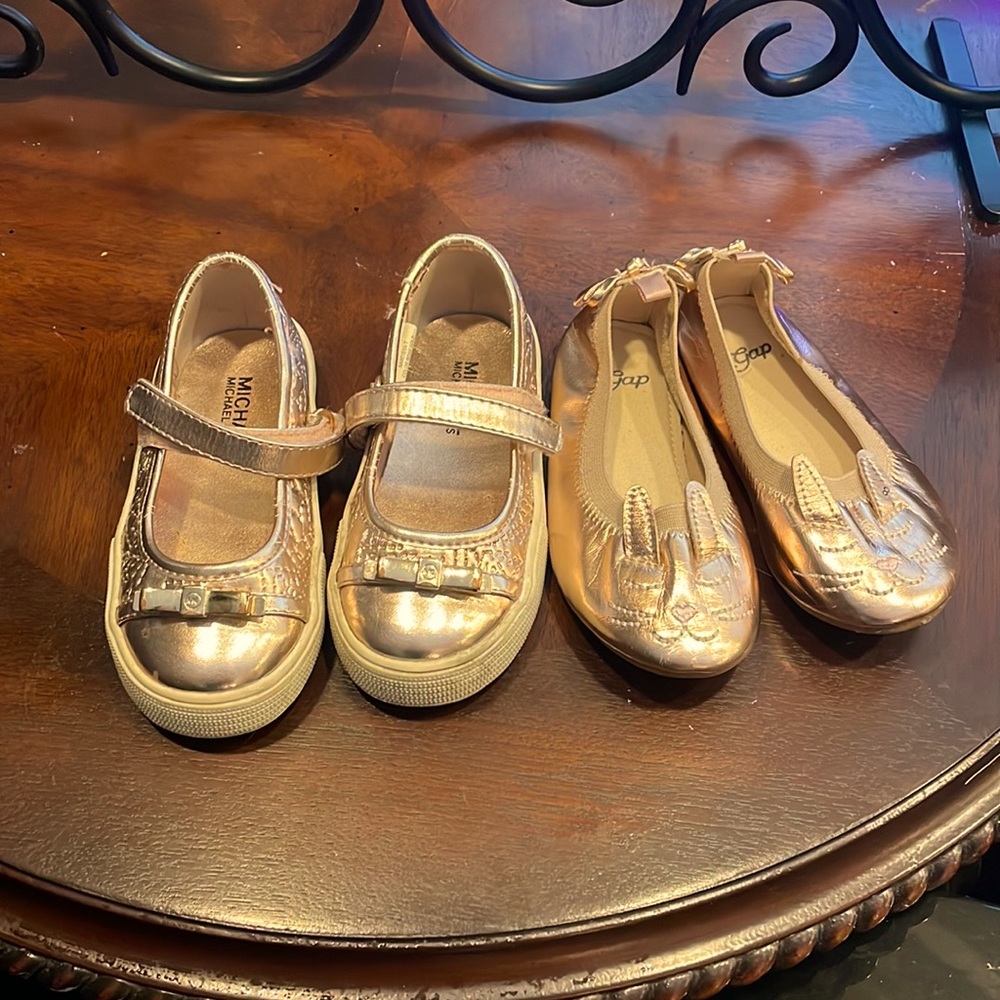 2 Pr Gold Shoes Michael Kors & Gap Velcro Strap Bunny Bows Toddler 7